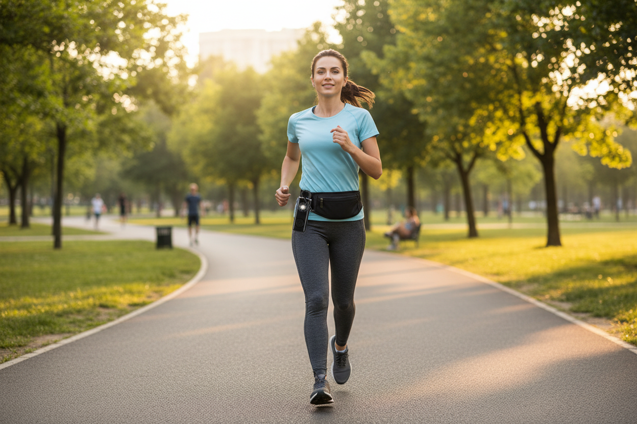 Donna corre sicura al parco con allarme