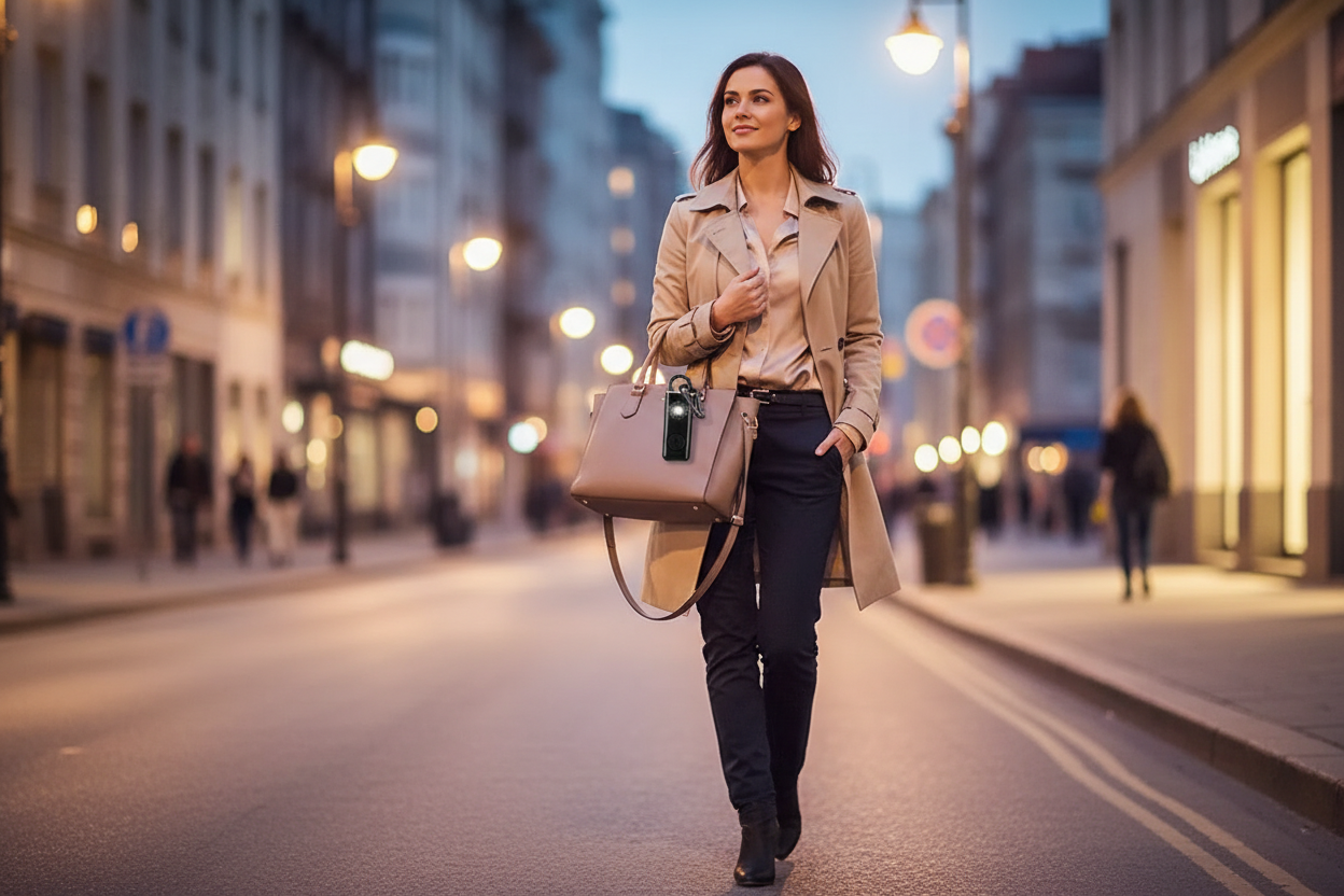 Donna sicura con allarme in borsa