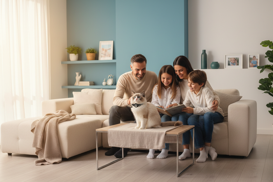 Famiglia felice con gatto e collare GPS