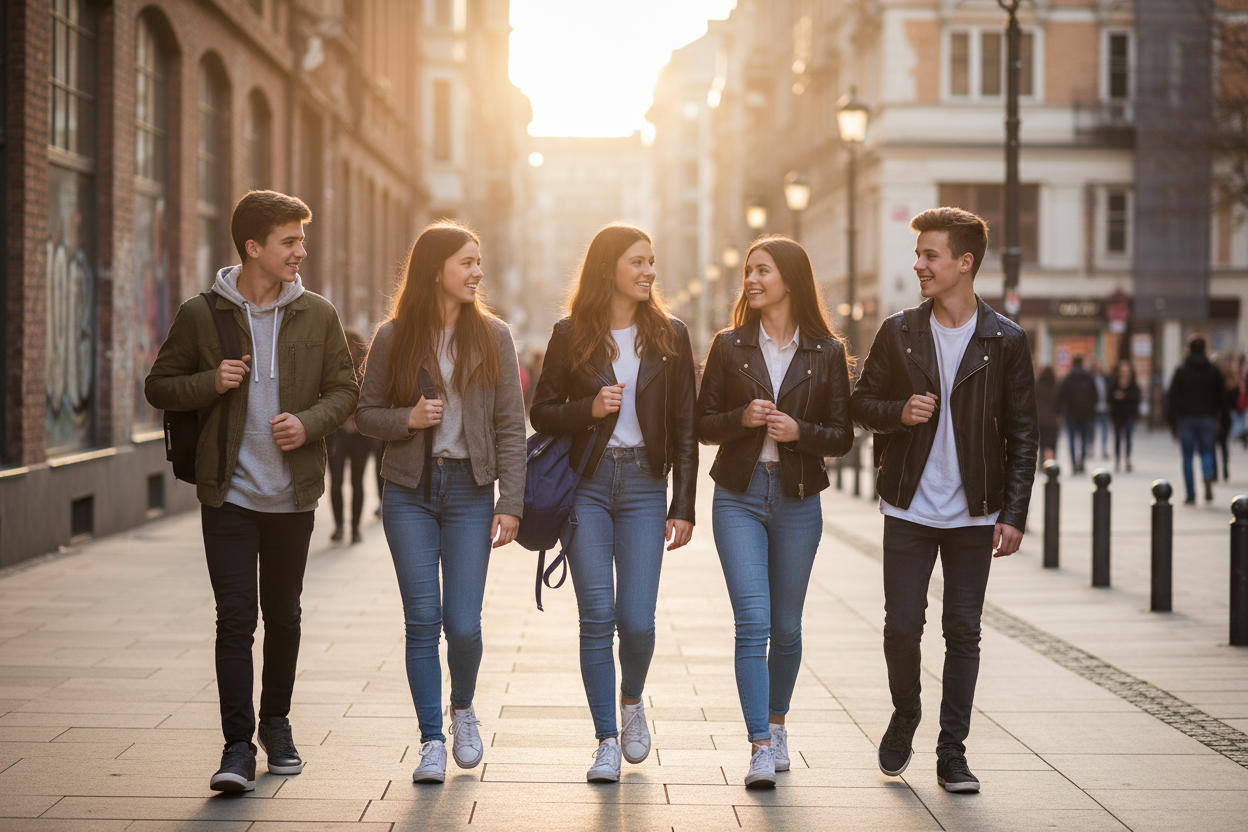 Gruppo misto di studenti sicuri in città