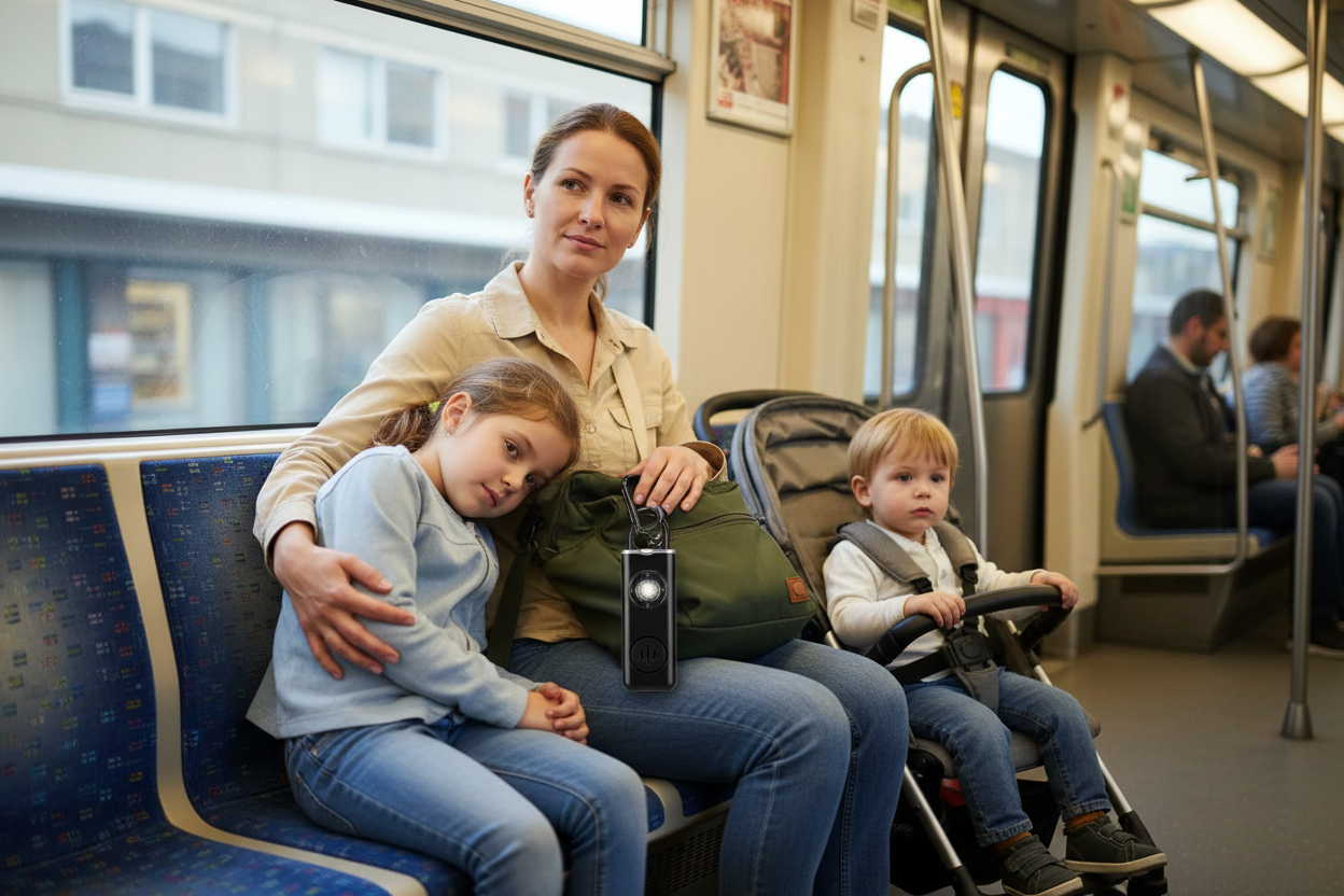Mamma europea con bambini sicura in metro